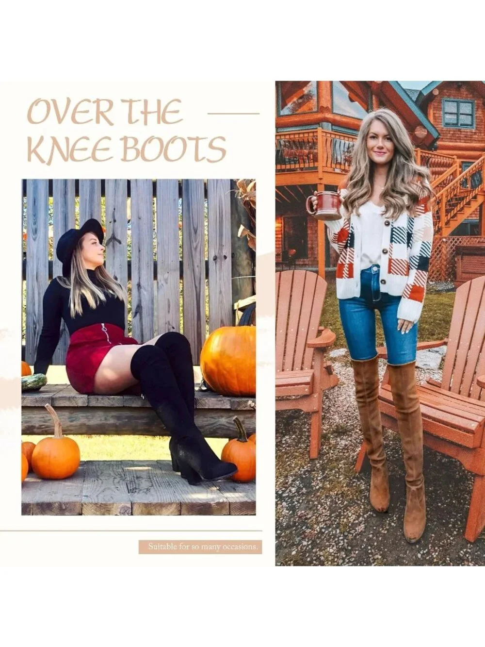 Women's Black Block Heel Round Toe Faux Suede Over The Knee Thigh High Boots